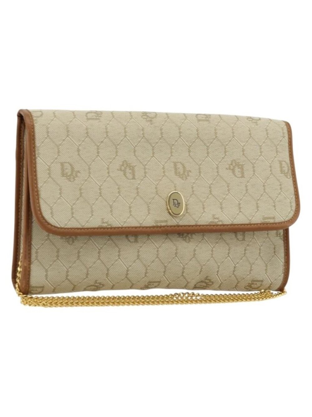 Authentic Christian Dior Honeycomb Canvas Shoulder Bag Beige Gold
